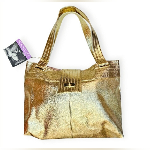 🆕️Elizabeth Taylor Large Purse Metallic Gold Pebbled Leather Shoulder Bag Glam - Picture 1 of 9